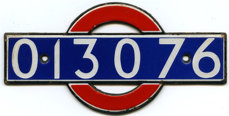 London Underground enamel 'bullseye' STOCK-NUMBER PLATE from 1938 OP-class trailer 013076. These