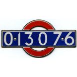 London Underground enamel 'bullseye' STOCK-NUMBER PLATE from 1938 OP-class trailer 013076. These