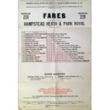 1920s London bus FARECHART ('Fares') POSTER for route 231 between Hampstead Heath and Park Royal. It