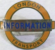 London Transport Underground Traffic Guide's CAP BADGE inscribed 'Information' and issued in 1962 to