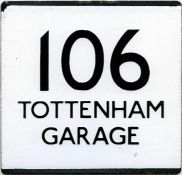 London Transport bus stop enamel E-PLATE for route 106 'Tottenham Garage'. Dates from the 1971-81