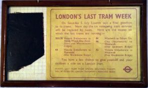 London 'Last Tram Week' EPHEMERA from July 1952 comprising a small London Transport POSTER as posted