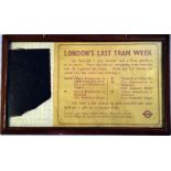 London 'Last Tram Week' EPHEMERA from July 1952 comprising a small London Transport POSTER as posted