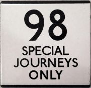 London Transport bus stop enamel E-PLATE for route 98 'Special Journeys Only'. Thought to be from