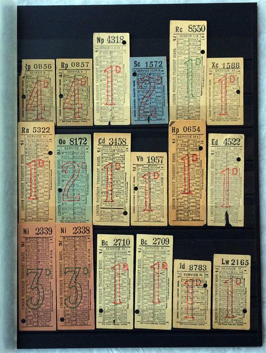 Selection of 1930s London Passenger Transport Board bus PUNCH TICKETS of the first LPTB type, in