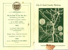 City & South London Railway Co fold-out card LUNCHEON MENU dated 11 May 1907 to mark the opening