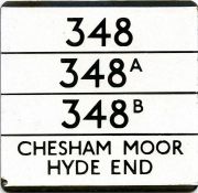 London Transport bus stop enamel E-PLATE for routes 348/348A/348B destinated Chesham Moor, Hyde End.
