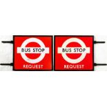 London Transport 1940s/50s enamel BUS STOP FLAG 'Request'. A double-sided flag consisting of two
