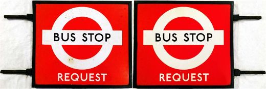 London Transport 1940s/50s enamel BUS STOP FLAG 'Request'. A double-sided flag consisting of two