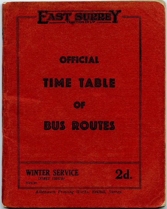 East Surrey Traction Co Ltd "OFFICIAL TIMETABLE OF BUS ROUTES - Winter Service, (First Issue) 7/10/