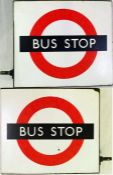 London Transport enamel compulsory BUS STOP FLAG. A double-sided, hollow ''boat'-type sign in the