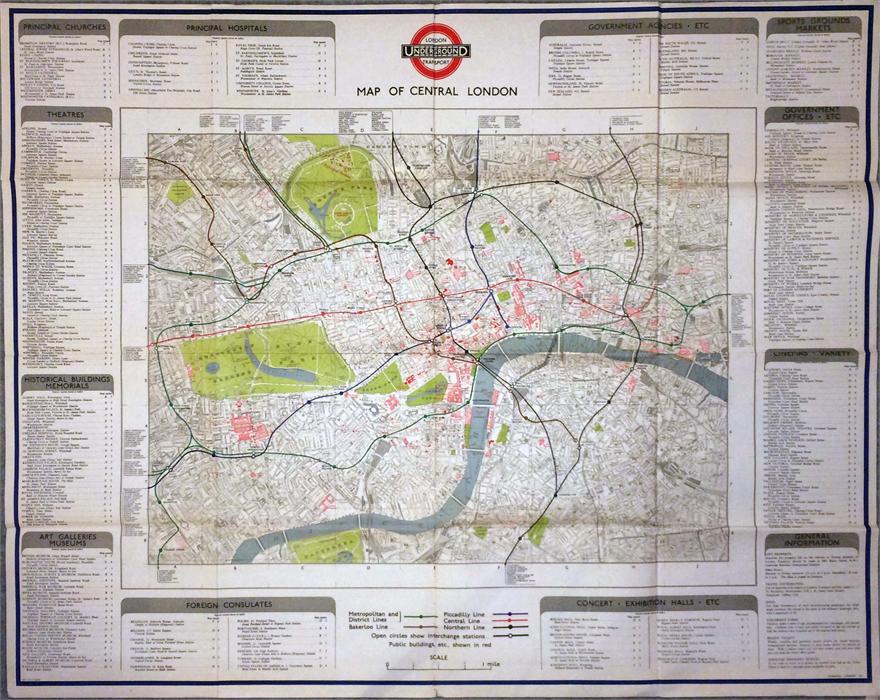 1945 original London Underground quad royal POSTER MAP of Central London featuring the lines (in