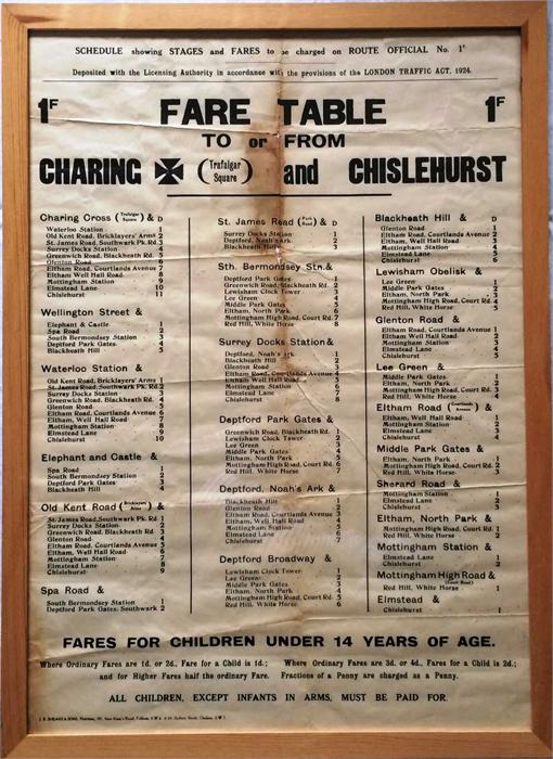 1920s London independent ('pirate') bus operator's FARECHART ('Fare Table') POSTER for route 1F - Image 2 of 4