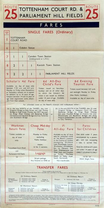 London Transport Tramways paper FARECHART, single-sided, dated October 1934 for route 25 between - Image 3 of 4