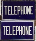 A small, double-sided ENAMEL SIGN 'TELEPHONE' finished in white on a blue background with tabs at