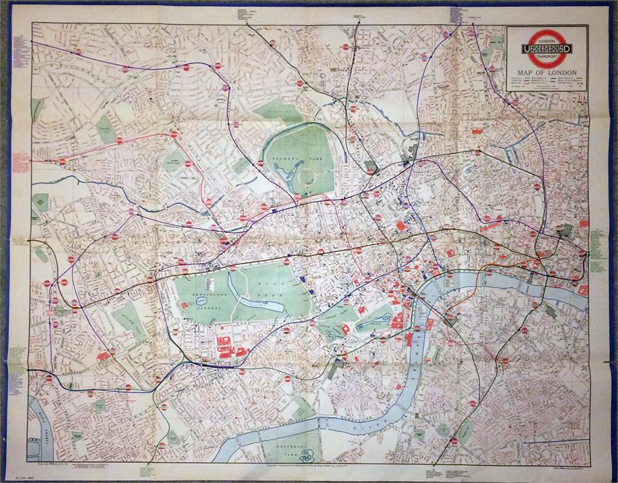 Original 1934 London Underground quad royal POSTER MAP of the central London area with Undergound