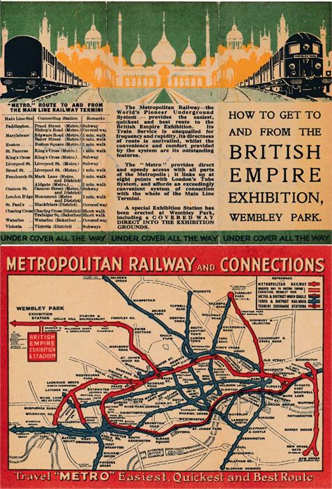 1924 Metropolitan Railway small POCKET CARD MAP "How to get to and from the British Empire