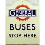 Enamel BUS STOP FLAG 'General Buses stop here' in 1920s 'tombstone' style. A high-quality, authentic
