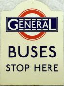 Enamel BUS STOP FLAG 'General Buses stop here' in 1920s 'tombstone' style. A high-quality, authentic