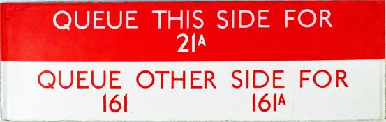 London Transport bus stop enamel Q-PLATE 'Queue this side for 21A, queue other side for 161,