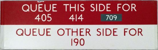 London Transport bus & coach stop enamel Q-PLATE 'Queue this side for 405, 414, 709, queue other