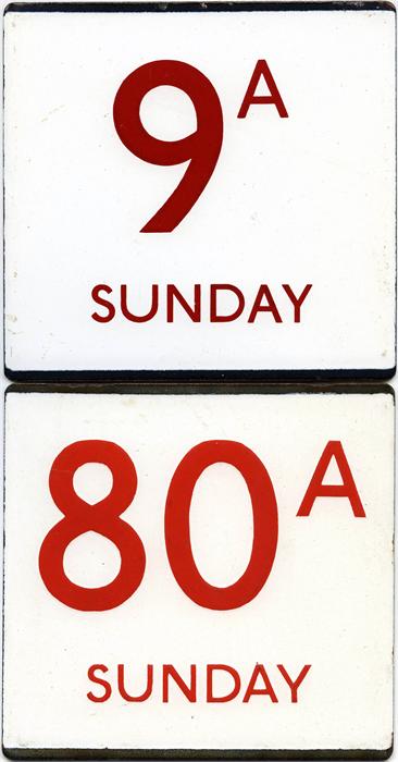 London Transport bus stop enamel E-PLATES for routes 9A Sunday and 80A Sunday, both red on white and
