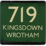 London Transport coach stop enamel E-PLATE for Green Line route 719 destinated Kingsdown, Wrotham.