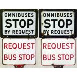 Enamel BUS STOP FLAGS, double-sided, of 1940s/50s style. One is black on white and likely to be