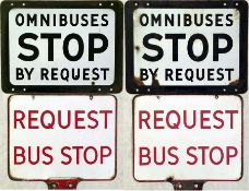 Enamel BUS STOP FLAGS, double-sided, of 1940s/50s style. One is black on white and likely to be