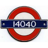 London Underground enamel 'bullseye' STOCK-NUMBER PLATE from 1938 O-class driving motor car 14040.