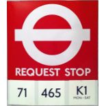 London Transport enamel BUS STOP FLAG 'Request Stop'. A double-sided, hollow sign of the 'boat'