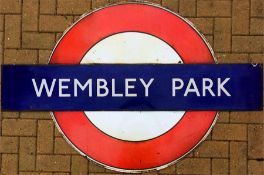 London Underground enamel STATION BULLSEYE SIGN for Wembley Park on the Metropolitan and Jubilee (