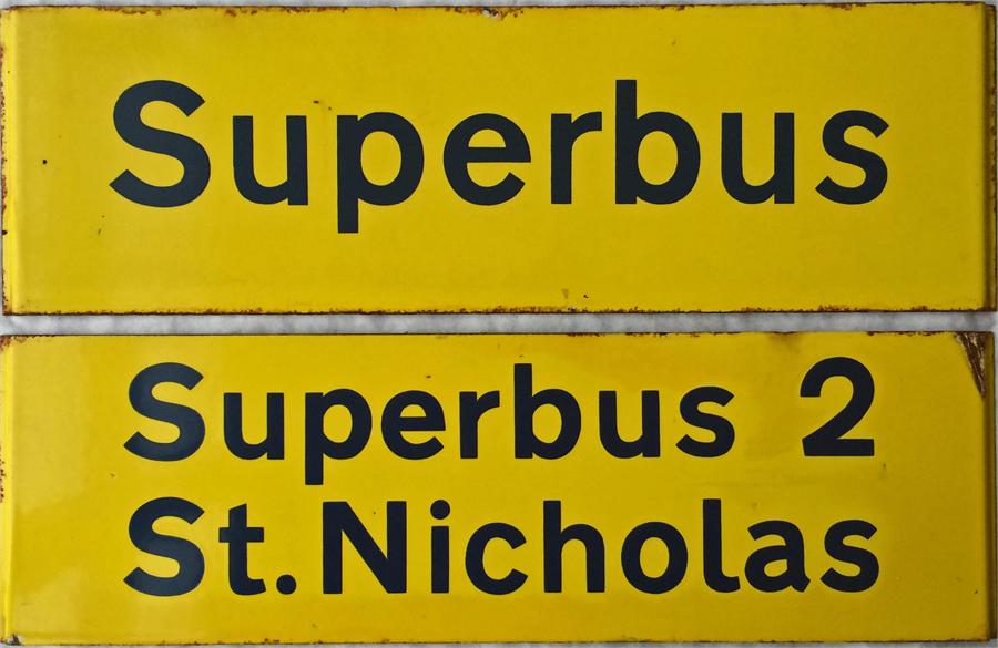 London Country bus stop enamel Q-PLATES comprising 'Superbus' and 'Superbus 2, St Nicholas'.