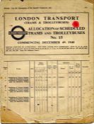 WW2 London Transport ALLOCATION OF SCHEDULED TRAMS AND TROLLEYBUSES No 15 effective December 4,