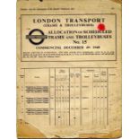 WW2 London Transport ALLOCATION OF SCHEDULED TRAMS AND TROLLEYBUSES No 15 effective December 4,