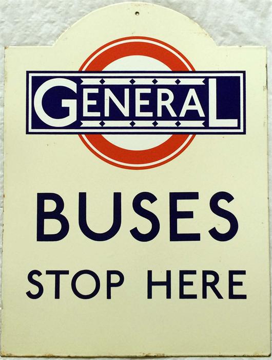 Enamel BUS STOP FLAG 'General Buses stop here' in 1920s 'tombstone' style. A high-quality, authentic - Image 2 of 4