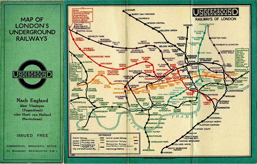 London Underground linen-card POCKET MAP from the Stingemore-designed series of 1925-32. This is a