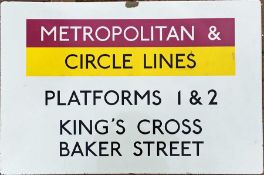 London Underground flanged ENAMEL SIGN 'Metropolitan & Circles Lines, Platforms 1 & 2, King's Cross,