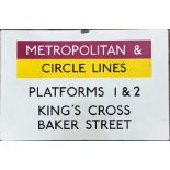 London Underground flanged ENAMEL SIGN 'Metropolitan & Circles Lines, Platforms 1 & 2, King's Cross,