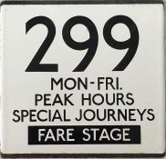 London Transport bus stop enamel E-PLATE for route 299 lettered 'Mon-Fri Peak Hours, Special