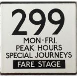 London Transport bus stop enamel E-PLATE for route 299 lettered 'Mon-Fri Peak Hours, Special