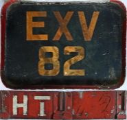 London Transport trolleybus items comprising a rear REGISTRATION PLATE EXV 82 from 1939 all-