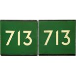 A pair of London Transport Green Line coach stop enamel E-PLATES for route 713. In very good, ex-