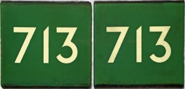 A pair of London Transport Green Line coach stop enamel E-PLATES for route 713. In very good, ex-