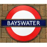London Underground enamel PLATFORM ROUNDEL from Bayswater Station. This is a medium-size sign