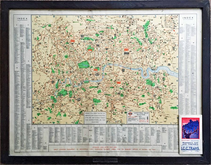 1939 London Transport POSTER MAP of Central Bus Routes with index of places served. Map is contained