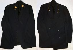 London Underground UNIFORM JACKETS, both blue serge with yellow piping & plastic buttons, one