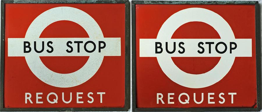 1940s/50s London Transport BUS STOP FLAG of the flat, framed style (2 enamel plates in a bronze