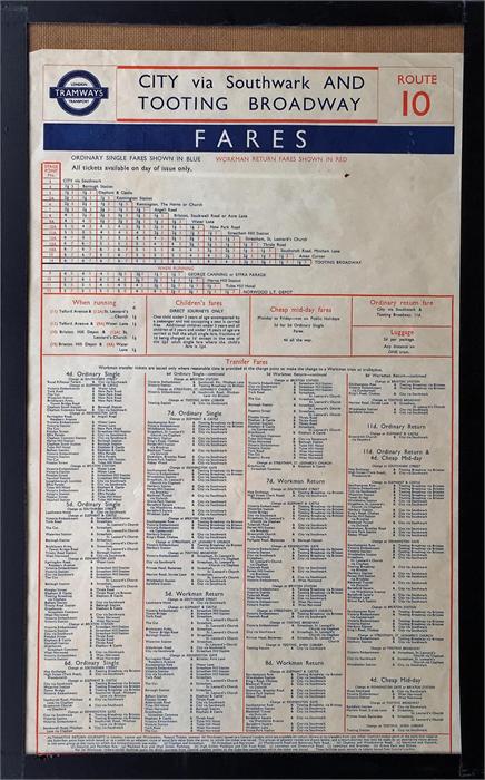 London Transport Tramways paper FARECHART dated May 1949 for route 10 between City and Tooting