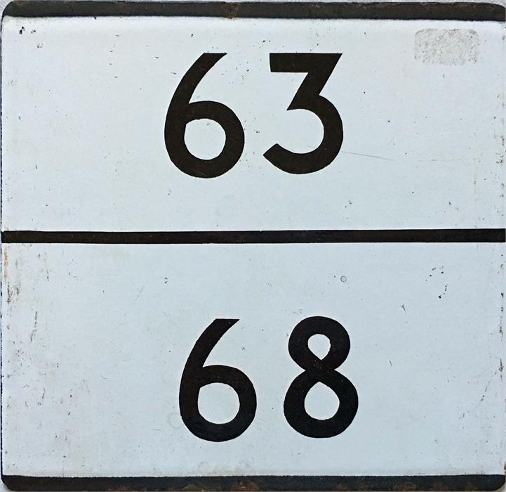London Transport bus stop enamel E-PLATE for routes 63 and 68 combined. An unusual plate for two